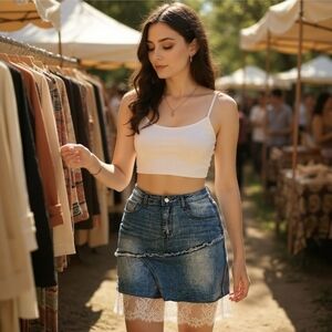 SHEIN ✦ Denim Mini Skirt Lace Hem ✦ High Waist Raw Trim Blue Contrast Detail M